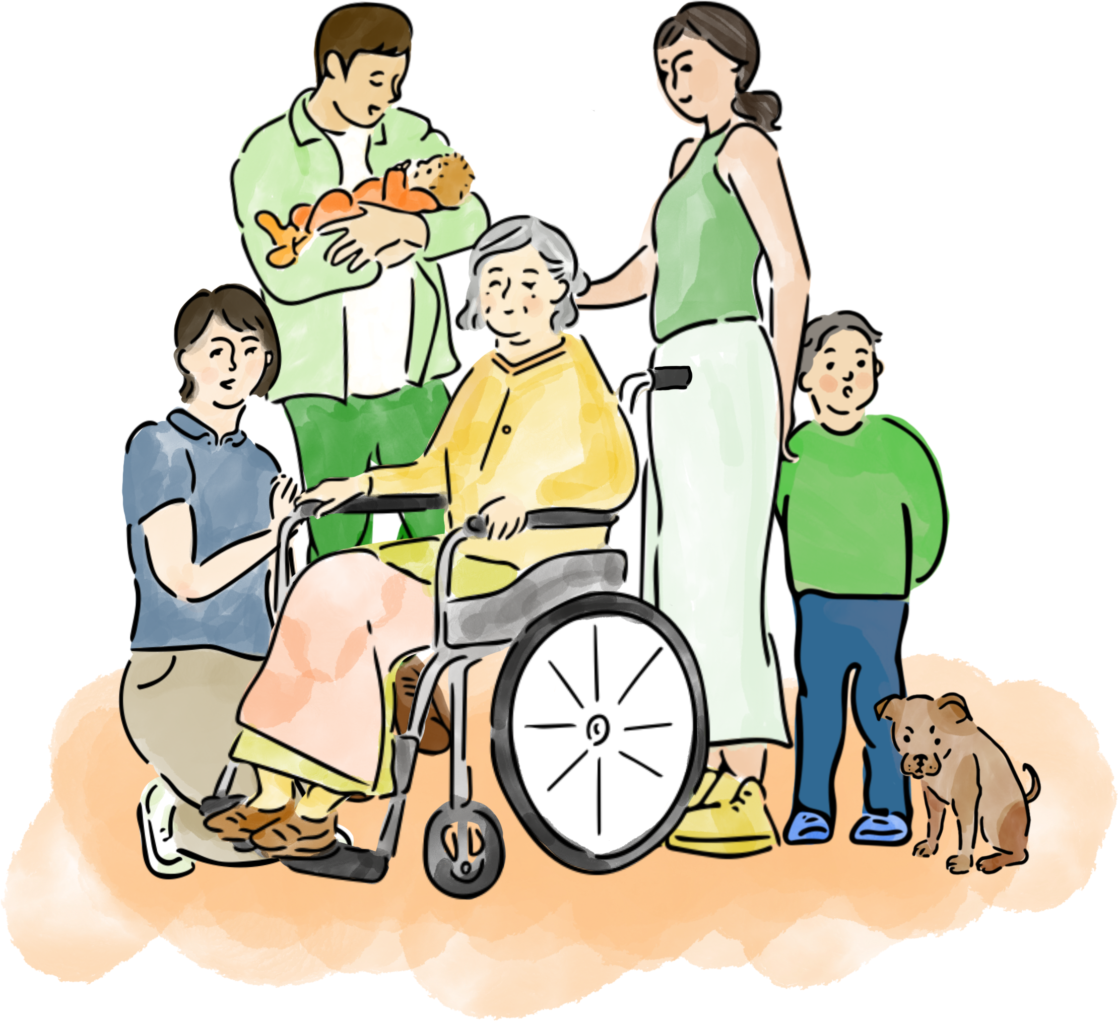 車椅子に乗った老人とその家族、スタッフのイラスト
