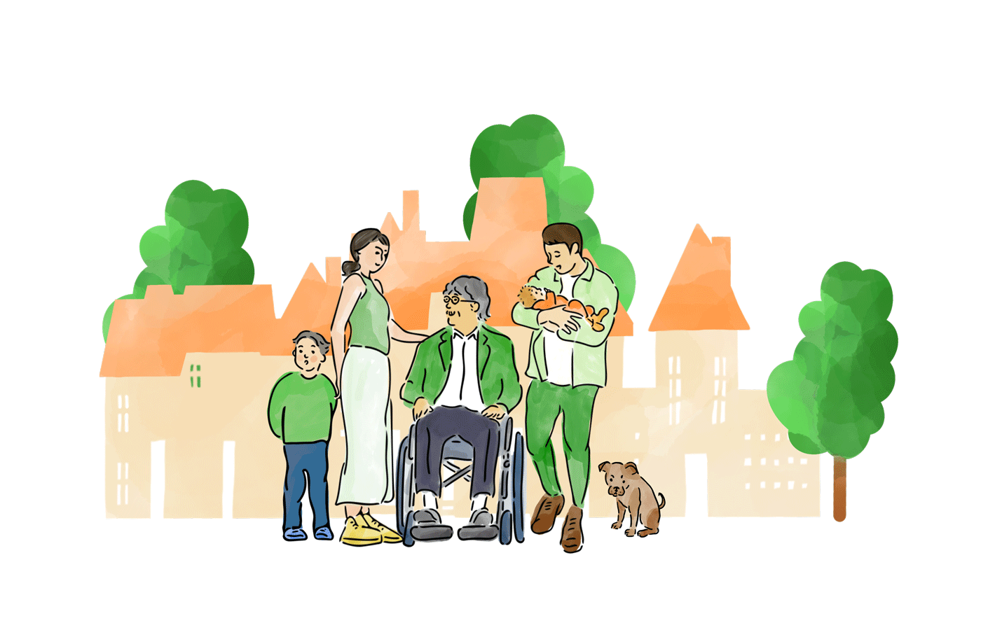 車椅子の老人と家族の幸せそうなイラスト